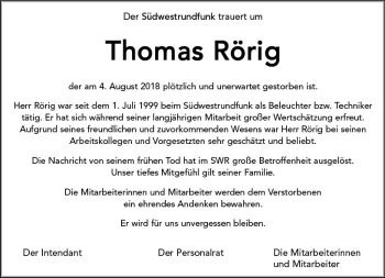 Traueranzeige von Thomas Rörig von vrm-trauer