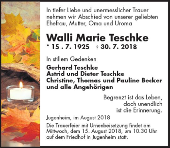 Traueranzeige von Walli Marie Teschke von vrm-trauer