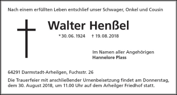 Traueranzeige von Walter Henßel von vrm-trauer