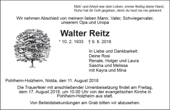 Traueranzeige von Walter Reitz von  Gießener Anzeiger