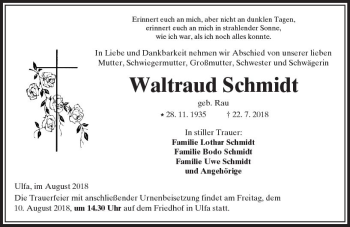Traueranzeige von Waltraud Schmidt von  Kreisanzeiger