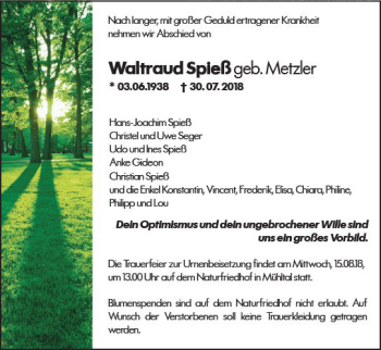 Traueranzeige von Waltraud Spieß von vrm-trauer