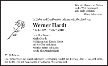 Traueranzeige von Werner Hardt von vrm-trauer