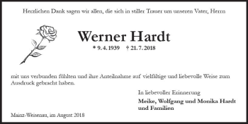 Traueranzeige von Werner Hardt von vrm-trauer