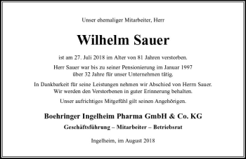 Traueranzeige von Wilhelm Sauer von vrm-trauer