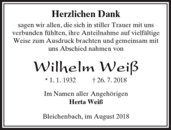 Traueranzeige von Wilhelm Weiß von  Kreisanzeiger