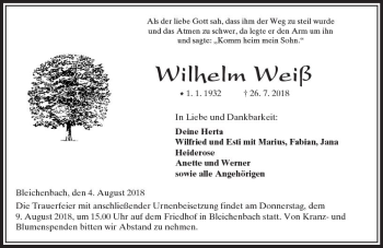 Traueranzeige von Wilhelm Weiß von  Kreisanzeiger