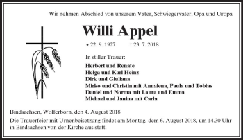 Traueranzeige von Willi Appel von  Kreisanzeiger
