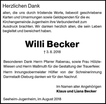 Traueranzeige von Willi Becker von vrm-trauer