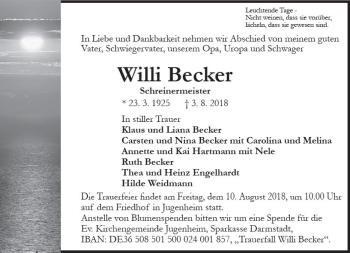 Traueranzeige von Willi Becker von vrm-trauer