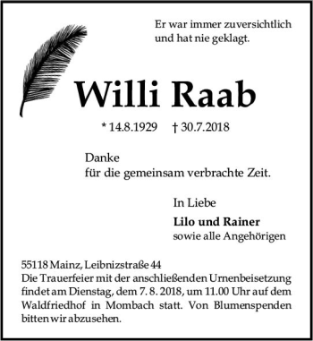 Traueranzeige von Willi Raab von vrm-trauer