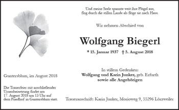 Traueranzeige von Wolfgang Biegerl von vrm-trauer