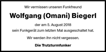 Traueranzeige von Wolfgang Biegerl von vrm-trauer