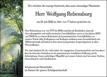 Traueranzeige von Wolfgang Rebensburg von vrm-trauer