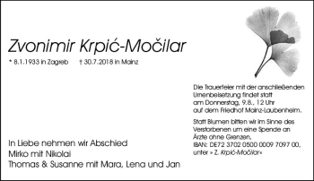 Traueranzeige von Zvonimir Krpic-Mocilar von vrm-trauer