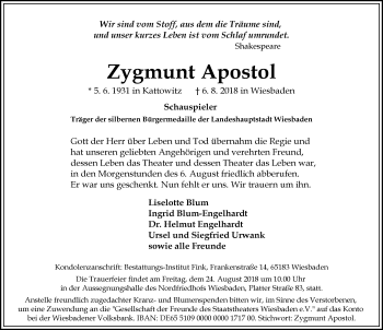 Traueranzeige von Zygmunt Apostol von vrm-trauer