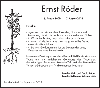 Traueranzeige von Ernst Röder von VRM Tageszeitungen