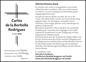 Traueranzeige von Carlos de la Borbolla Rodriguez von vrm-trauer