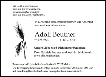 Traueranzeige von Adolf Beutner von vrm-trauer