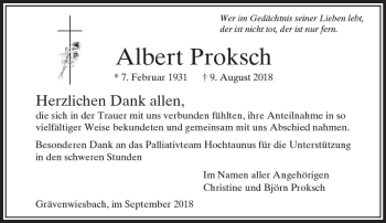 Traueranzeige von Albert Proksch von  Usinger Anzeiger
