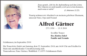 Traueranzeige von Alfred Gärtner von  Kreisanzeiger