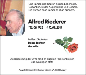 Traueranzeige von Alfred Riederer von vrm-trauer Traueranzeige von Alfred Riederer von vrm-trauer