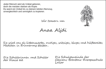 Traueranzeige von Anaa Aljdi von  Gießener Anzeiger