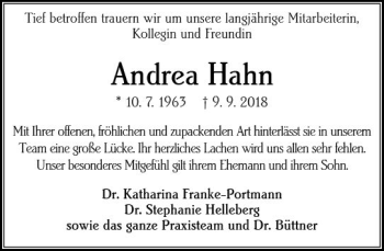 Traueranzeige von Andrea Hahn von vrm-trauer