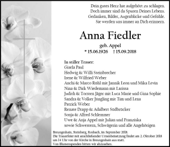 Traueranzeige von Anna Fiedler von  Kreisanzeiger