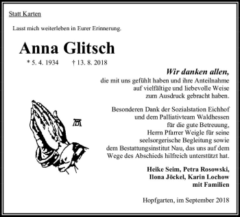 Traueranzeige von Anna Glitsch von VRM Trauer