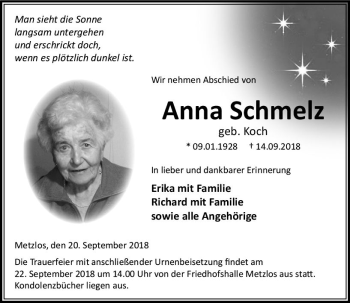 Traueranzeige von Anna Schmelz von VRM Trauer