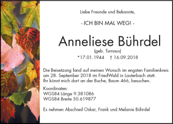 Traueranzeige von Anneliese Bührdel von VRM Trauer