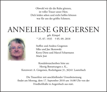 Traueranzeige von Anneliese Gregersen von VRM Trauer