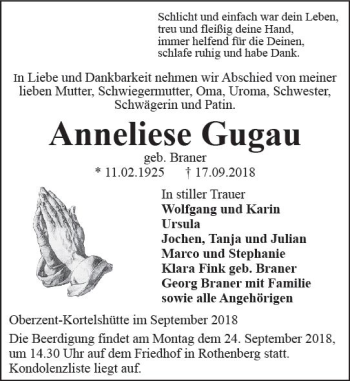Traueranzeige von Anneliese Gugau von vrm-trauer