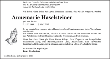 Traueranzeige von Annemarie Haselsteiner von vrm-trauer