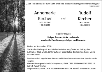 Traueranzeige von Annemarie  Kircher von vrm-trauer