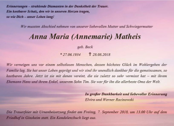 Traueranzeige von Annemarie Matheis von vrm-trauer
