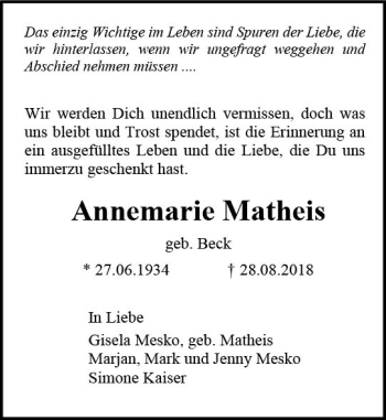 Traueranzeige von Annemarie Matheis von vrm-trauer