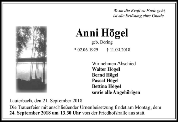 Traueranzeige von Anni Högel von VRM Trauer