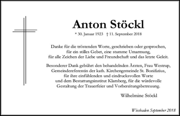Traueranzeige von Anton Stöckl von vrm-trauer