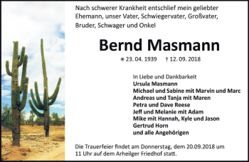 Traueranzeige von Bernd Masmann von vrm-trauer