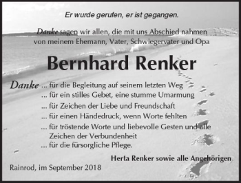 Traueranzeige von Bernhard Renker von  Kreisanzeiger