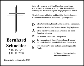 Traueranzeige von Bernhard Schneider von VRM Trauer