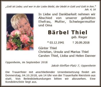 Traueranzeige von Bärbel Thiel von vrm-trauer