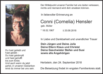 Traueranzeige von Cornelia Hensler von VRM Trauer