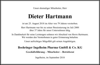 Traueranzeige von Dieter Hartmann von vrm-trauer