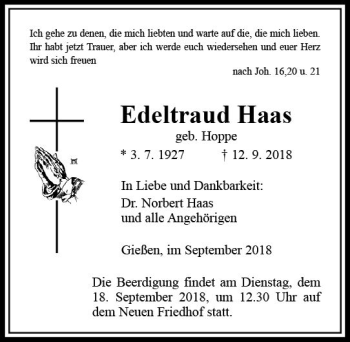 Traueranzeige von Edeltraud Haas von  Gießener Anzeiger