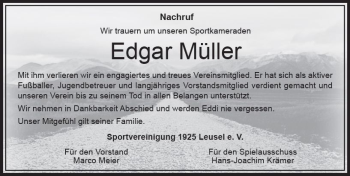 Traueranzeige von Edgar Müller von VRM Trauer