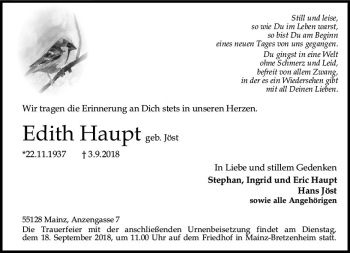 Traueranzeige von Edith Haupt von vrm-trauer