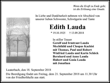 Traueranzeige von Edith Lauda von VRM Trauer